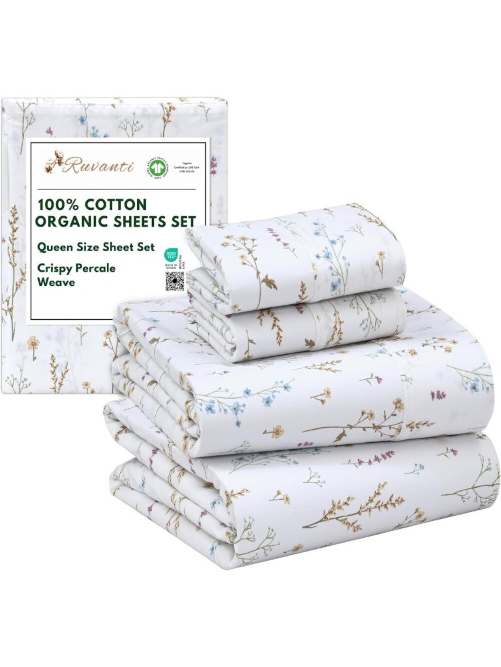 100% Cotton Organic Queen Sheet Set - Soft Percale Weave, Floral Design